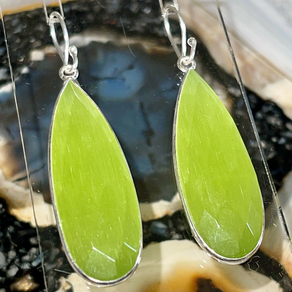 Lime Green Faceted Cat’s Eye Earrings 2”